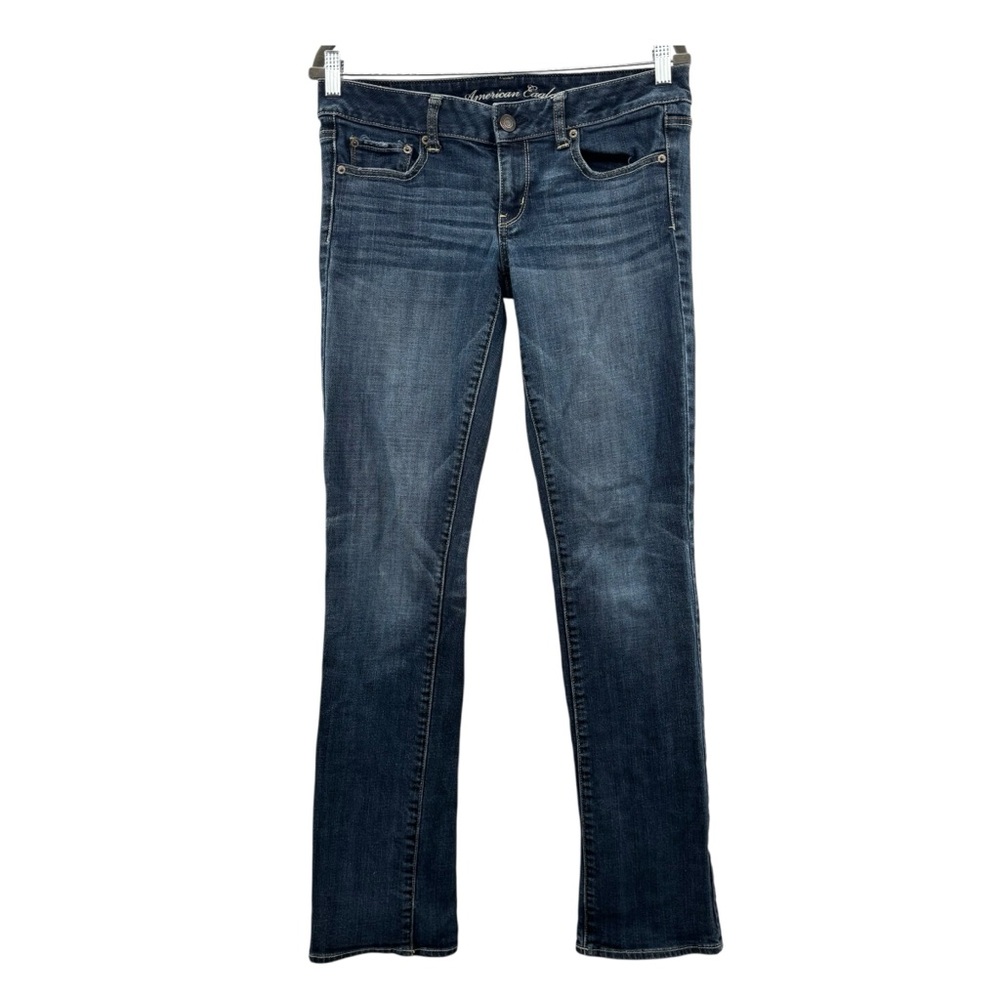 American Eagle Women's Stretch Straight Mid Rise Dark Blue Denim Jean Sz 8 Long